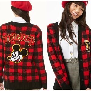 Disney x Forever 21 Varsity Mickey Mouse Patch Cardigan Buffalo Plaid Size M